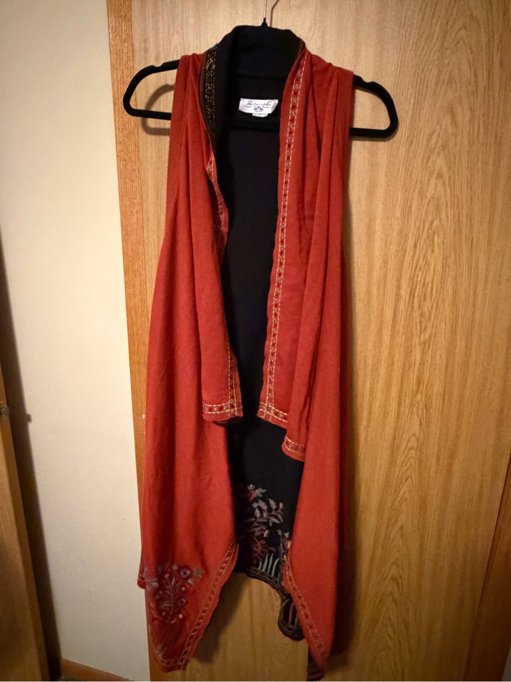 Rust Red Embroidered Open Front Vest
